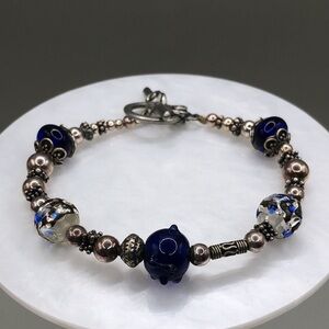 Artisan antique silver tone cobalt blue art foil glass toggle bracelet